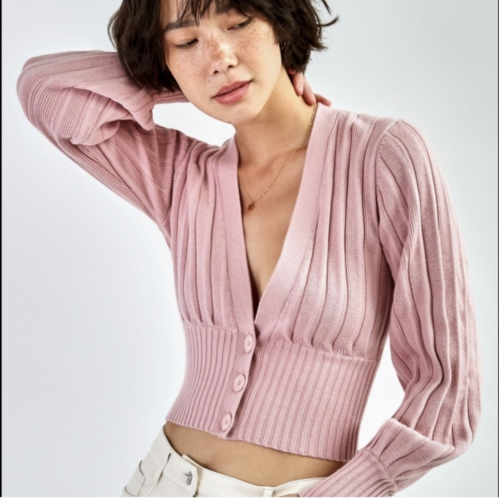 WILFRED New Plunge Front Cardigan  Wool Sweater Mauve Mousse Pink ARITZIA S